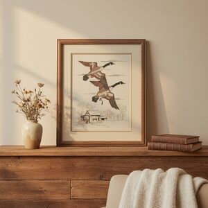 Vintage Framed Bernat Counted Cross Stitch Canadian Geese #H04126 Kit
